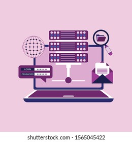 Data Center Cloud Computer Connection Hosting Server Database Synchronize Technology Vector Illustration