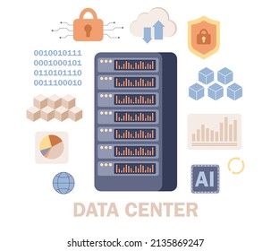 Data center. Cloud computer connection database server hosting. AI chip, machine learning, analysis information. Vector flat icon set.