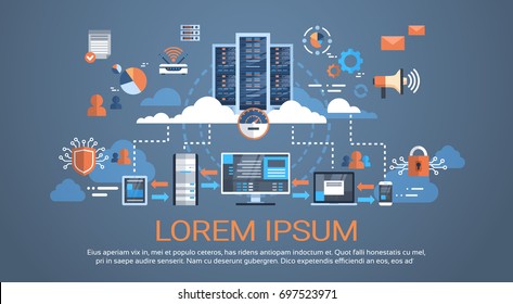 Data Center Cloud Computer Connection Hosting Server Database Synchronize Technology Vector Illustration