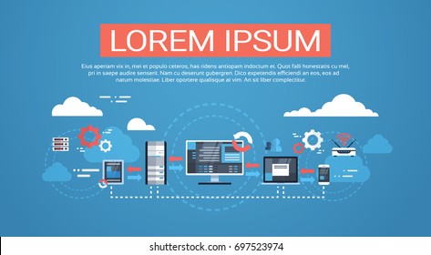 Data Center Cloud Computer Connection Hosting Server Database Synchronize Technology Vector Illustration