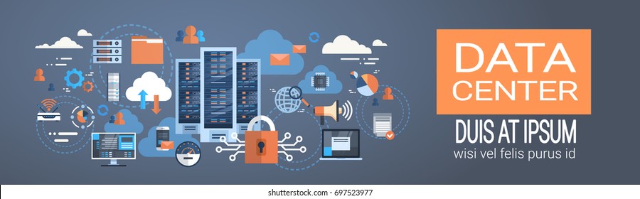 Data Center Cloud Computer Connection Hosting Server Database Synchronize Technology Vector Illustration