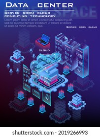 Data center and cloud computing isometric concept . Cloud data for storing and processing information. Process of work server processing center and data calculation through web hosting