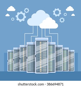 Data Center Cloud Connection Hosting Server Computer Information Database Synchronize Technology Flat Vector Illustration