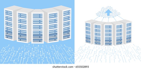 Data Center Cloud Connection. Isometric Vector Illustration diagnostic test in a server computer room. Technology communication.