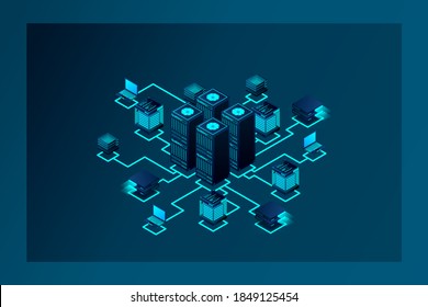 Data center, cloud database, Concept of big data processing center, hosting server or data center room concept.  vector illustration