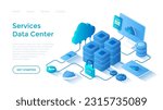 Data Center Cloud Services Information processing, hosting, provider, storage, networking, management and distribution of data. Landing page template for web on white background.	
