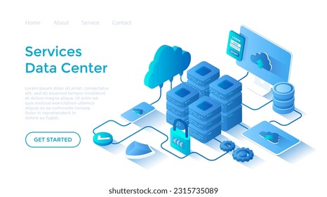 Data Center Cloud Services Information processing, hosting, provider, storage, networking, management and distribution of data. Landing page template for web on white background.	
