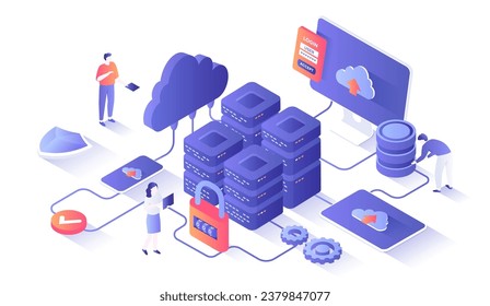 Data Center Cloud Services Information processing, hosting, provider, storage, networking, management and distribution of data. Isometry illustration with people scene for web graphic.	
