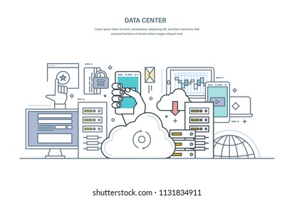 Data center. Cloud storage, secure data storage, web hosting server, database protection on a remote server, modern information technology. Illustration thin line vector doodles.