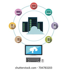 Data center. Cloud storage. Data sharing. Data download or upload concept.