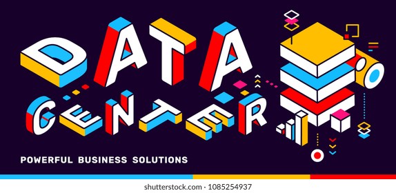 Data center color concept on black background with storage. Vector creative horizontal illustration of 3d word lettering typography. Isometric template design for business web banner