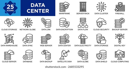 centro de datos, computadora, red, tecnología, servidor, conjunto de iconos de negocios. Colección de iconos de contorno. Ilustración vectorial simple