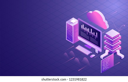 Data center concept, 3d illustration of cloud server connected to local servers and desktop on shiny blue grid background.