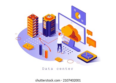 Data center concept in 3d isometric design. Computing, file backup and storage with cloud technologies, hosting and data center, web template with people scene. Vector illustration for webpage
