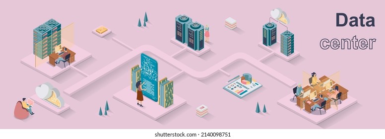 Data Center Concept 3d Isometric Web Banner. People Engineers Work In Server Rooms, Support Operation Of Software And Hardware Database. Vector Illustration For Landing Page And Web Template Design