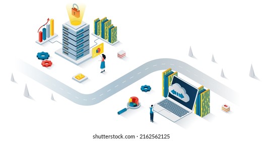 Data center concept 3d isometric web banner. People working in server hardware rooms, administration, processing and support operation. Vector illustration for landing page and web template design