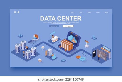 Plantilla de página de inicio isométrico 3d del concepto de centro de datos. Las personas controlan y supervisan el funcionamiento de los equipos de procesamiento de datos, el mantenimiento de los servidores. Ilustración vectorial en diseño gráfico isométrico.