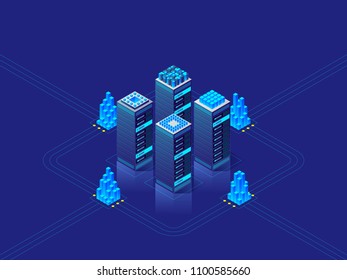 Data center concept. Abstract high technology background for website, header, banner. Vector isometric illustration
