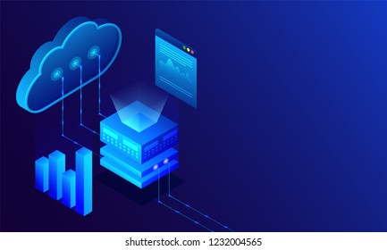 Data center concept based isometric design, illustration of main server connected with cloud server on glossy blue background.