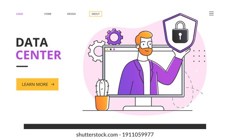 Concepto de centro de datos con hombre barbudo en la pantalla de sujeción del monitor de ordenador con señal de candado cerrado. Ilustración vectorial de contorno plano. Página web del sitio web, plantilla de página de inicio o diseño. Metáfora abstracta