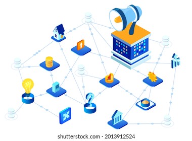 Data center concept with business icons. Isometric working space, business people working together in server room, analysing data, solving problems, find solutions. Support idea