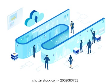 Data Center Concept With Business People. Isometric Working Space, Business People Working Together In Server Room, Analysing Data, Solving Problems, Find Solutions. Support Idea