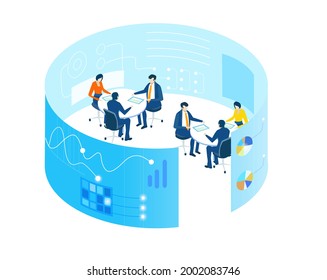 Data center concept with business people. Isometric working space, business people working together in server room, analysing data, solving problems, find solutions. Support idea