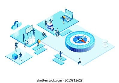 Data center concept with business people. Isometric working space, business people working together in server room, analysing data, solving problems, find solutions. Support idea