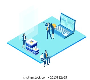 Data center concept with business people. Isometric working space, business people working together in server room, analysing data, solving problems, find solutions. Support idea