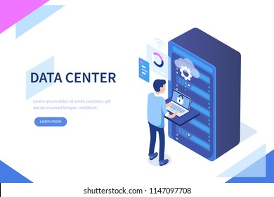 Conceito de data center com caráter. Pode usar para banner web, infográficos, imagens de herói. Ilustração vetorial isométrica plana isolada em fundo branco.