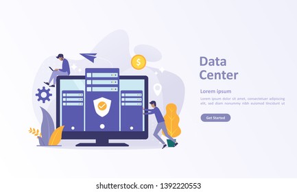 Data Center concept, cloud Computer Connection to server center with people character, Suitable for web landing page, ui, mobile app, banner template. Vector Illustration