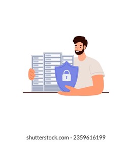 Data center concept. Cyber defender protects data. Vector illustration of Security, Personal Access, User Authorization, Internet and Data Protection, Cybersecurity.