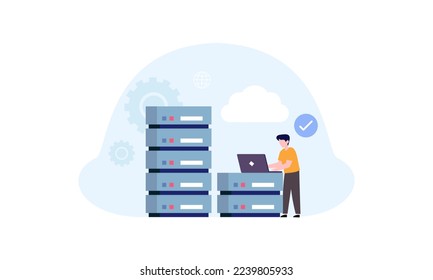 Concepto de centro de datos, administración de archivos, almacenamiento en la nube vector de ilustración plana