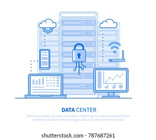 Data center concept. Flat line style vector illustration  isolated on white background.