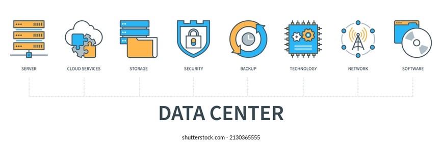 Data center concept with icons. Server, storage, cloud services, security, backup, technology, network, software. Web vector infographic in minimal flat line style