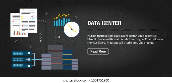 Data center concept. Internet banner with icons in vector. Web banner for business, finance, strategy, investment, technology and planning.
