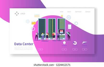 Data Center Concept Landing Page. Hosting Service Characters Cloud Data Storage Work Process Website Template. Easy Edit and Customize. Vector illustration - Powered by Shutterstock - Get 15% off with code: PIKWIZARD15