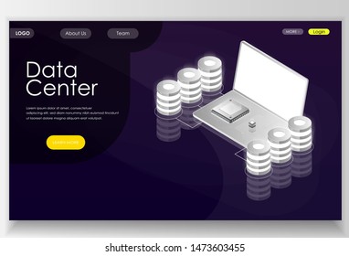 Data center concept. Laptop with a CPU on it and database. Can use for landing page, banners, websites etc. Vector isometric illustration.