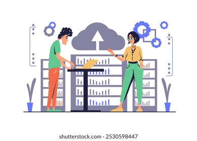 Data center concept in modern flat cartoon design for web. Man and woman working in team, provides network computing, making database maintenance and management in server room. Vector illustration.