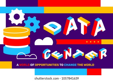 Data center concept on bright color background with gear and storage. Vector creative horizontal illustration of 3d word lettering typography. Isometric template design for business web banner