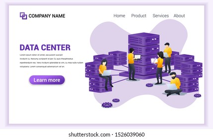 Data center concept with people working on laptop, managing and accessing control data on server . Can used for Web banner, landing page, web template. Modern flat vector illustration