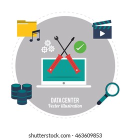 Data center concept represented by laptop and icon set. Colorfull and flat illustration.