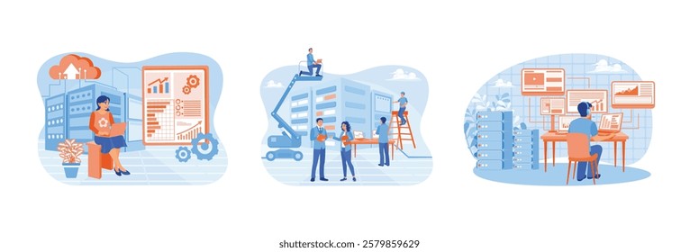 Data center concept. Technician in data center room. Data network management. Database information monitoring. Set flat vector illustration.