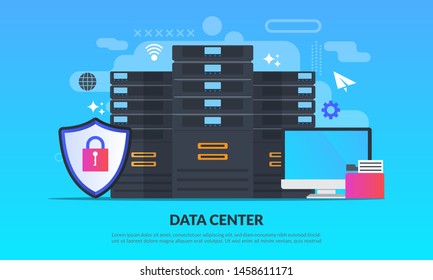 Data center concept, technology of data protection and processing, cloud connection hosting server, database synchronize system, flat icon,suitable for web landing page, banner, vector template