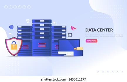 Data center concept, technology of data protection and processing, cloud connection hosting server, database synchronize system, flat icon,suitable for web landing page, banner, vector template