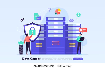 Concepto de centro de datos, tecnología de protección y procesamiento de datos, servidor de hospedaje de conexiones en la nube, sistema de sincronización de bases de datos, icono plano, adecuado para página de inicio web, banner, plantilla de vector