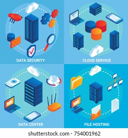Data center concept vector isometric poster set with cloud services, data security and file hosting design elements.