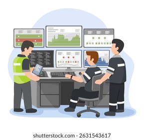 data center control room engineering team monitoring real-time server performance and system analytics in a high-tech flat cartoon