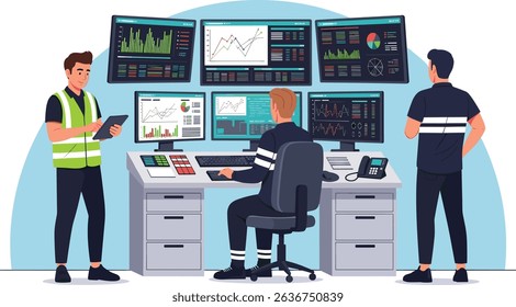 data center control room engineering team monitoring real-time server performance and system analytics in a high-tech flat cartoon