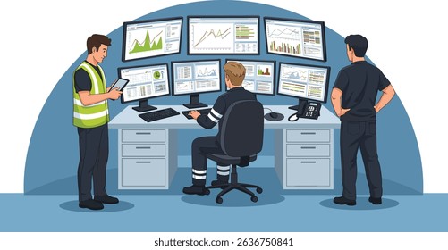 data center control room engineering team monitoring real-time server performance and system analytics in a high-tech flat cartoon